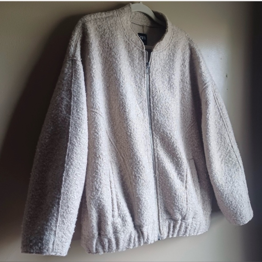 Cozy Tan Zara Teddy Zip-Up Bomber Jacket
